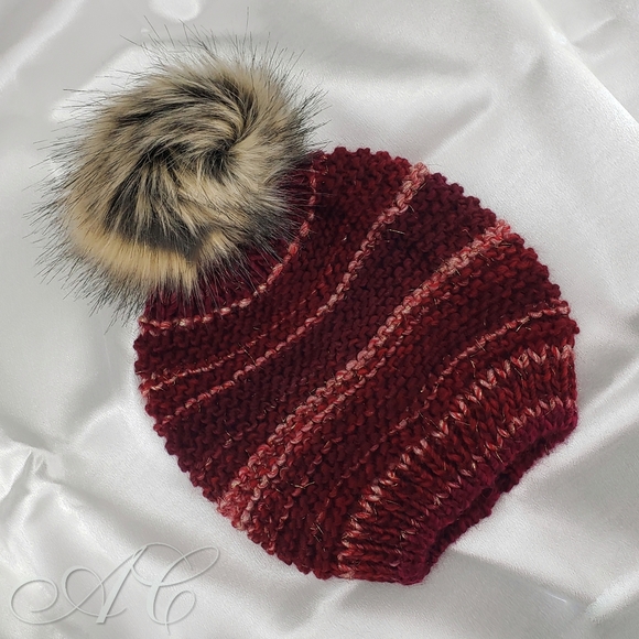Nardi E Tagliaferri Hat Beanie Red Wool Blend Shaded Stripe Faux Fur Cottagecore - Picture 2 of 3